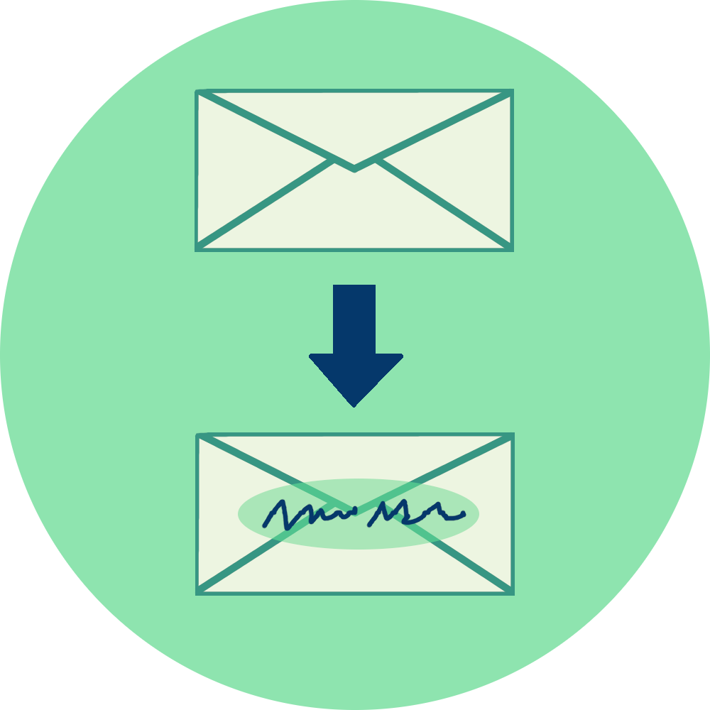An envelope followed by an arrow pointing at a second envelope with an example label marked on the top of it.