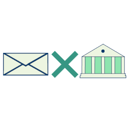 Icon of an envelope followed by a cross ('x' out) and finally followed by an icon of a bank building.