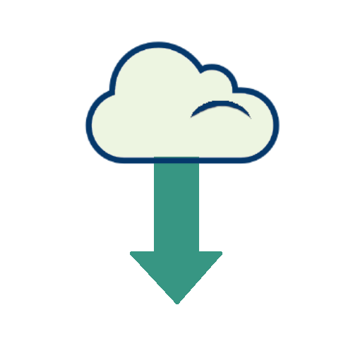 Icon of a cloud with an arrow pointing down coming out of the bottom of the cloud to represent 'downloading'.