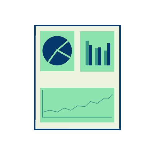A page consisting of a pie chart and bar chart next to one another on one row. The row below this has a line graph.