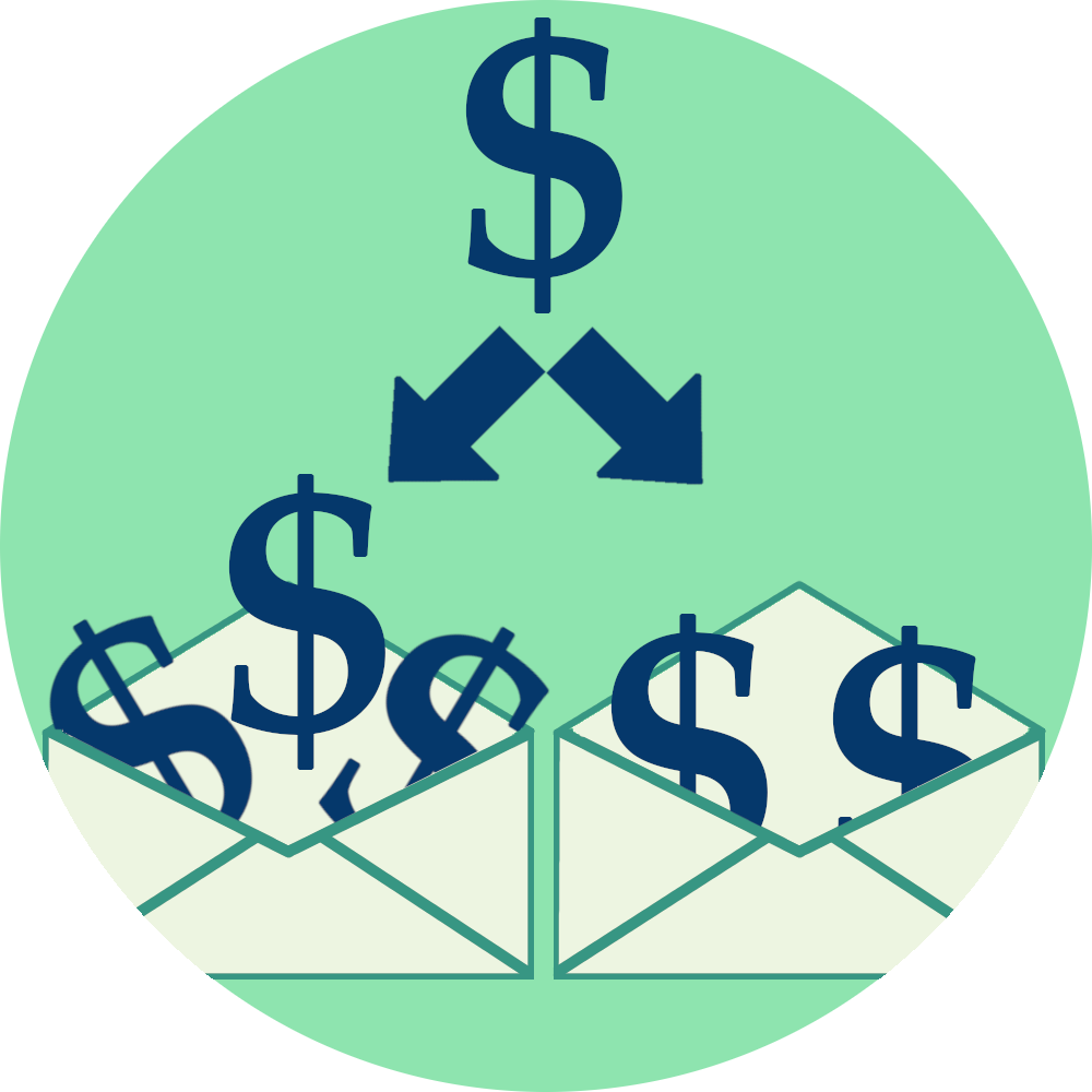 A money symbol above two arrows pointing at two envelopes. The left envelope has three money symbols in it while the left envelope has two money symbols in it.
