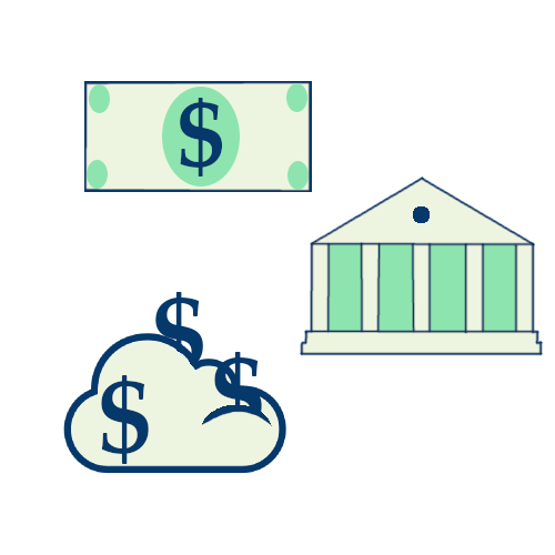 Icons of cash (paper money), a bank (building with columns and a clock), and a cloud account (cloud with money symbols popping out of it).