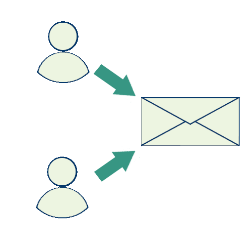 Two icons of users with arrows originating from these icons pointing at a shared envelope.