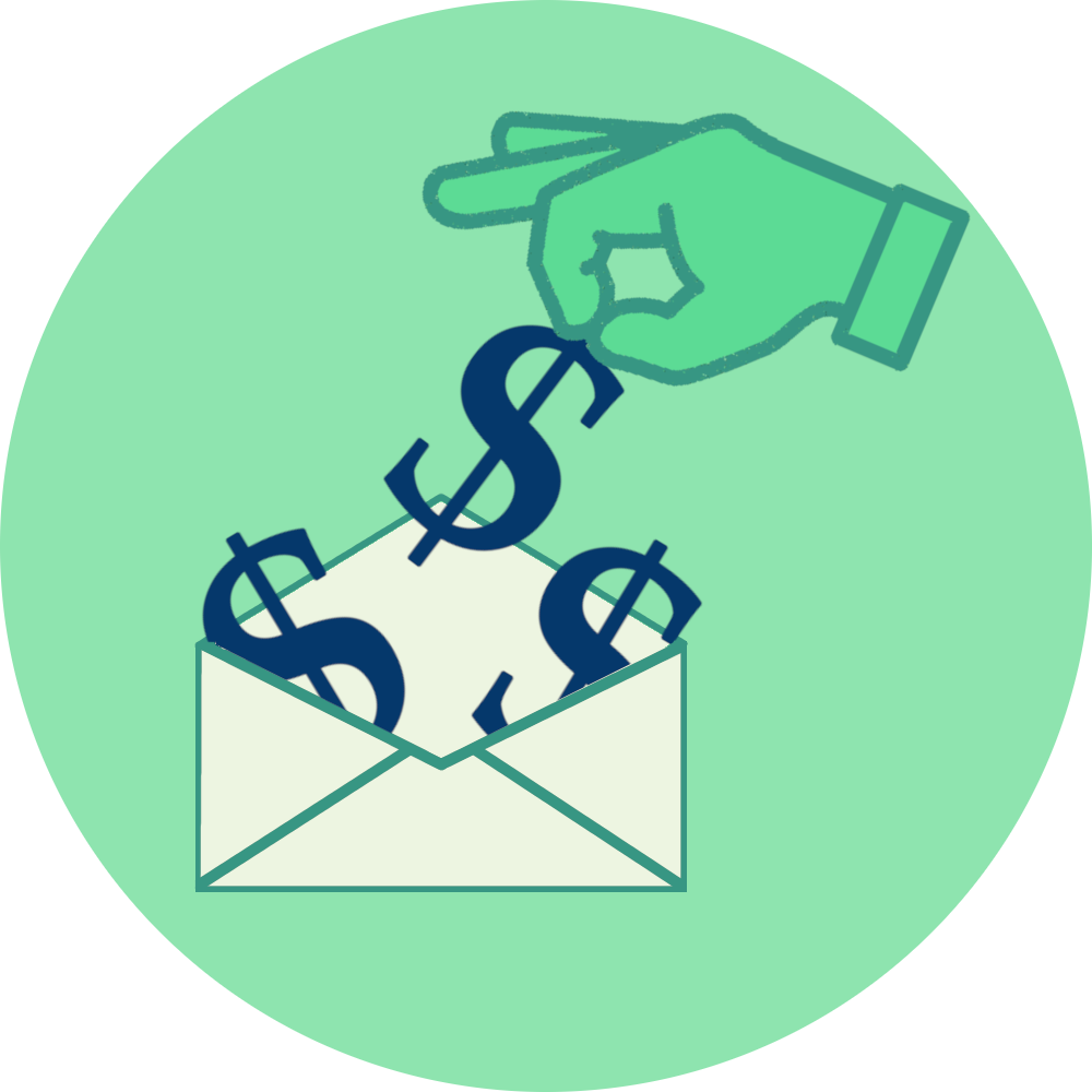 A hand picking up one of the three money symbols in an envelope.