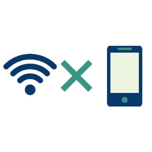 Icon of a Wi-Fi symbol followed by a cross ('x' out) and finally followed by an icon of a phone.